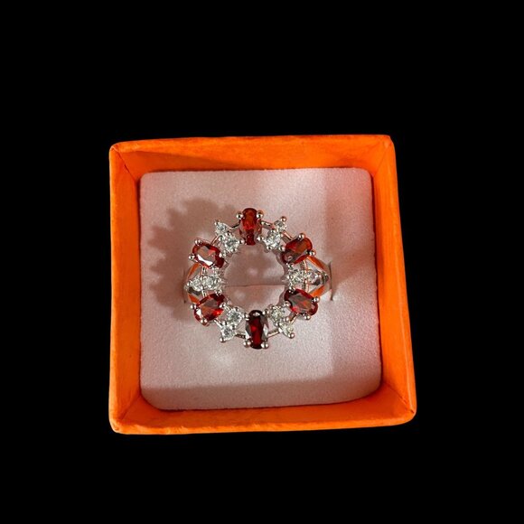 Swarovski Crystal Sterling Silver Ring Red Garnet Halo Size 9 Cocktail Ring - Picture 2 of 8